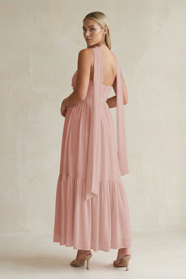 Strapless A-Line Chiffon Ruffled Bridesmaid Dress With Ribbon in English Rose (2) | KISSBRIDAL