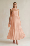 Strapless A - Line Chiffon Ruffled Bridesmaid Dress With Ribbon in English Rose - SHE IS ME Bridesmaid Dresses