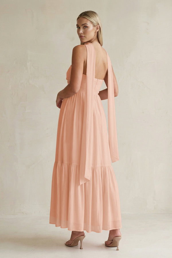 Strapless A - Line Chiffon Ruffled Bridesmaid Dress With Ribbon in English Rose - SHE IS ME Bridesmaid Dresses
