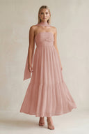 Strapless A-Line Chiffon Ruffled Bridesmaid Dress With Ribbon in English Rose | KISSBRIDAL
