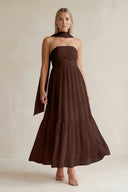 Strapless A - Line Chiffon Ruffled Bridesmaid Dress With Ribbon in Espresso - SHE IS ME Bridesmaid Dresses