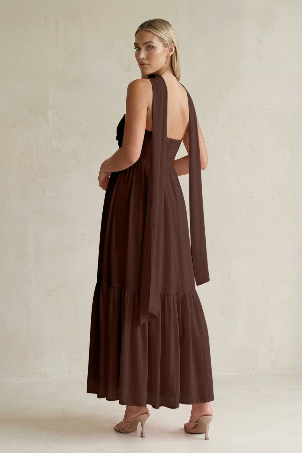 Strapless A - Line Chiffon Ruffled Bridesmaid Dress With Ribbon in Espresso - KISS BRIDAL Bridesmaid Dresses