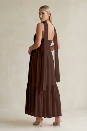 Strapless A - Line Chiffon Ruffled Bridesmaid Dress With Ribbon in Espresso - SHE IS ME Bridesmaid Dresses