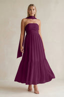 Strapless A - Line Chiffon Ruffled Bridesmaid Dress With Ribbon in Fig - SHE IS ME Bridesmaid Dresses