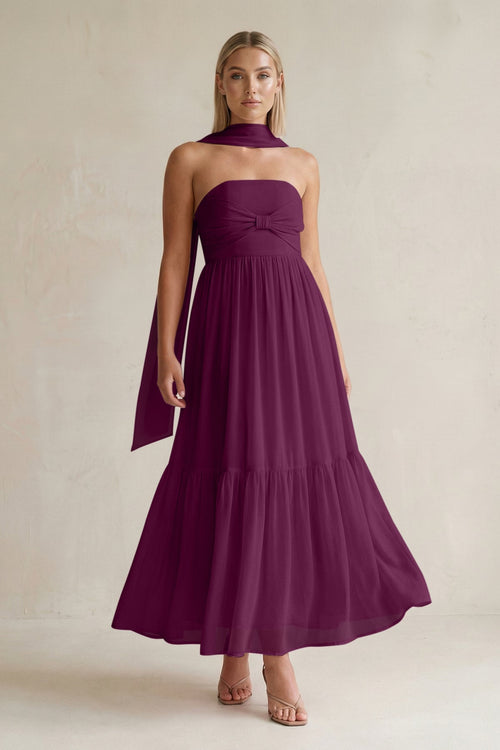Strapless A - Line Chiffon Ruffled Bridesmaid Dress With Ribbon in Fig - SHE IS ME Bridesmaid Dresses