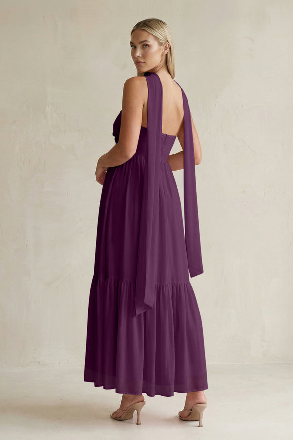 Strapless A-Line Chiffon Ruffled Bridesmaid Dress With Ribbon in Fig (2) | KISSBRIDAL
