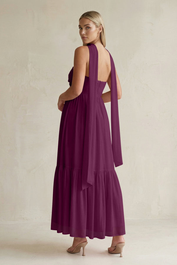 Strapless A - Line Chiffon Ruffled Bridesmaid Dress With Ribbon in Fig - SHE IS ME Bridesmaid Dresses