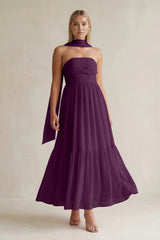 Strapless A-Line Chiffon Ruffled Bridesmaid Dress With Ribbon in Fig | KISSBRIDAL