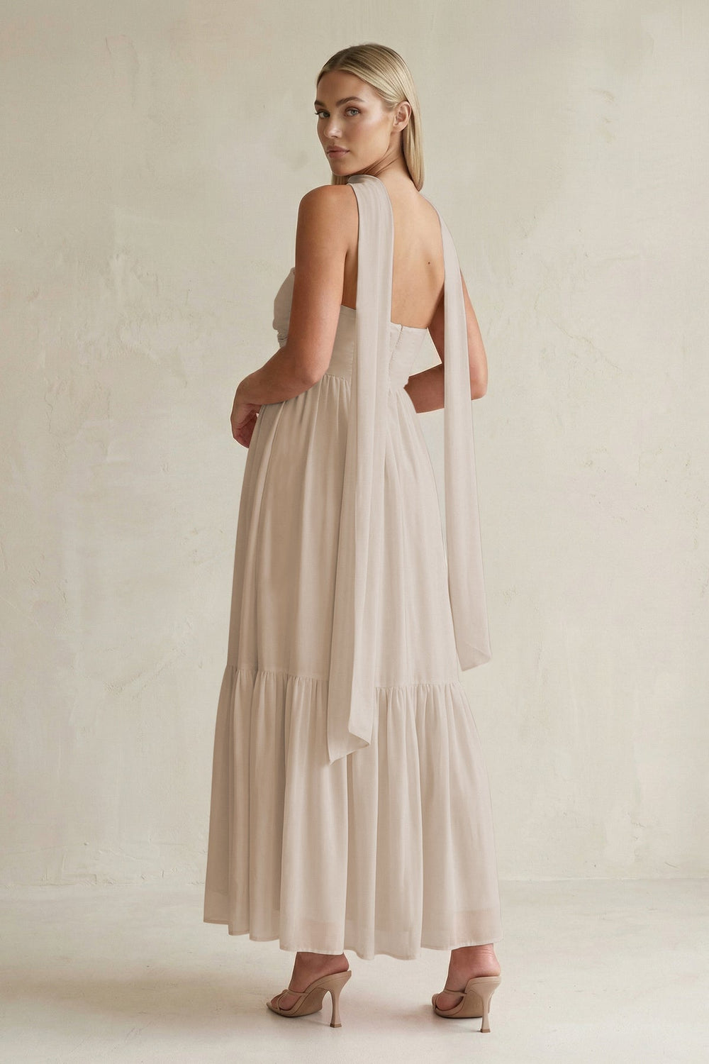 Strapless A - Line Chiffon Ruffled Bridesmaid Dress With Ribbon in Frost - SHE IS ME Bridesmaid Dresses