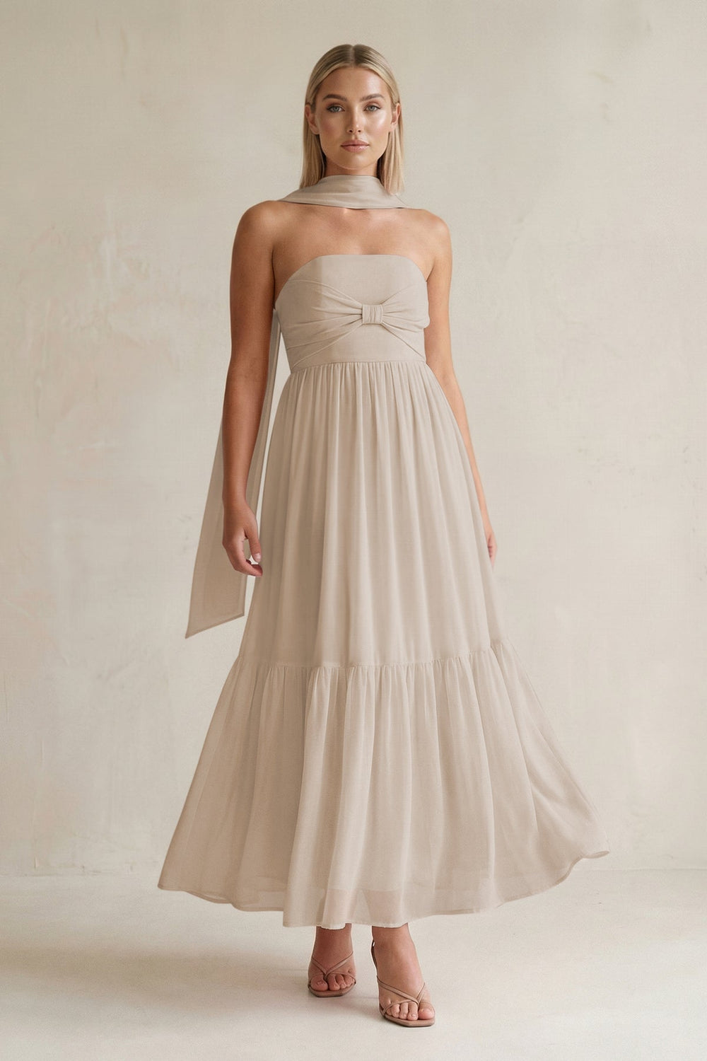 Strapless A - Line Chiffon Ruffled Bridesmaid Dress With Ribbon in Frost - SHE IS ME Bridesmaid Dresses
