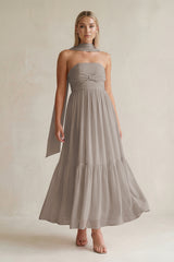 Strapless A-Line Chiffon Ruffled Bridesmaid Dress With Ribbon in Frost | KISSBRIDAL