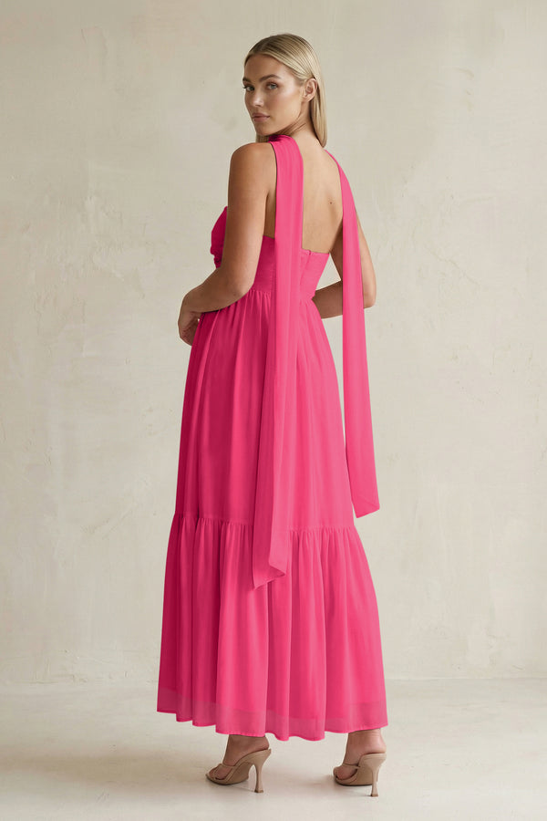 Strapless A-Line Chiffon Ruffled Bridesmaid Dress With Ribbon in Fuchsia (2) | KISSBRIDAL