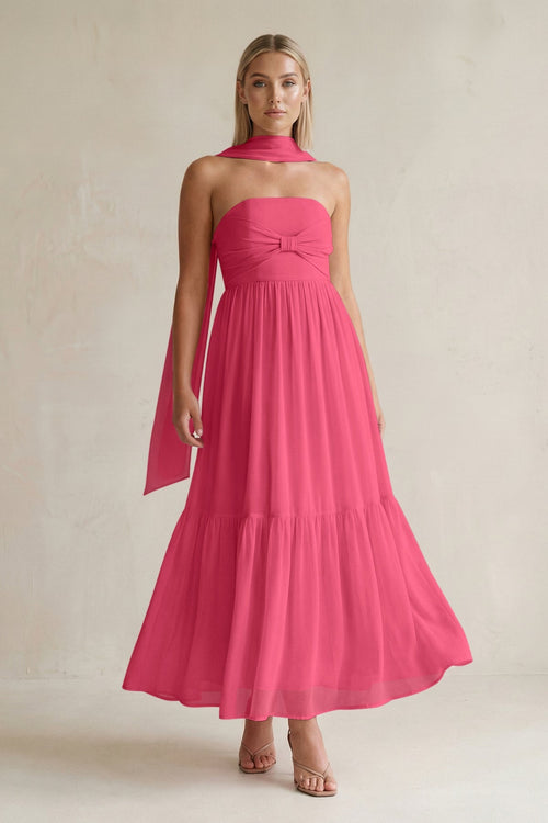 Strapless A - Line Chiffon Ruffled Bridesmaid Dress With Ribbon in Fuchsia - SHE IS ME Bridesmaid Dresses
