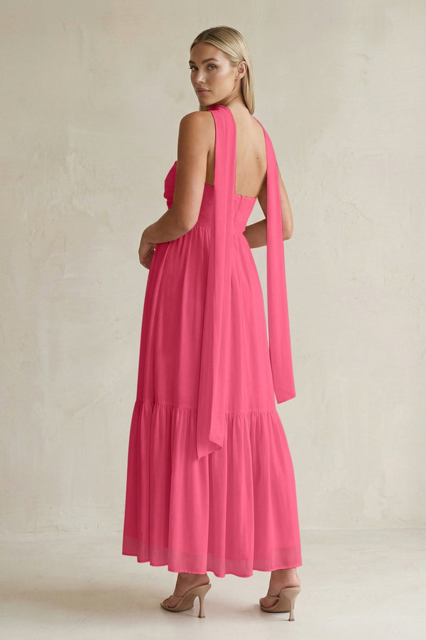 Strapless A - Line Chiffon Ruffled Bridesmaid Dress With Ribbon in Fuchsia - SHE IS ME Bridesmaid Dresses