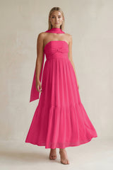 Strapless A-Line Chiffon Ruffled Bridesmaid Dress With Ribbon in Fuchsia | KISSBRIDAL
