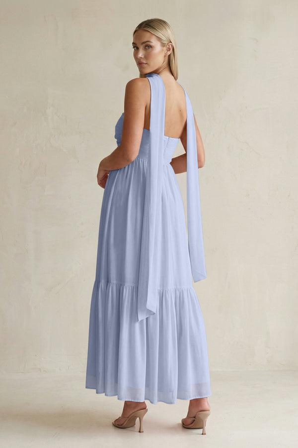 Strapless A-Line Chiffon Ruffled Bridesmaid Dress With Ribbon in Ice (2) | KISSBRIDAL