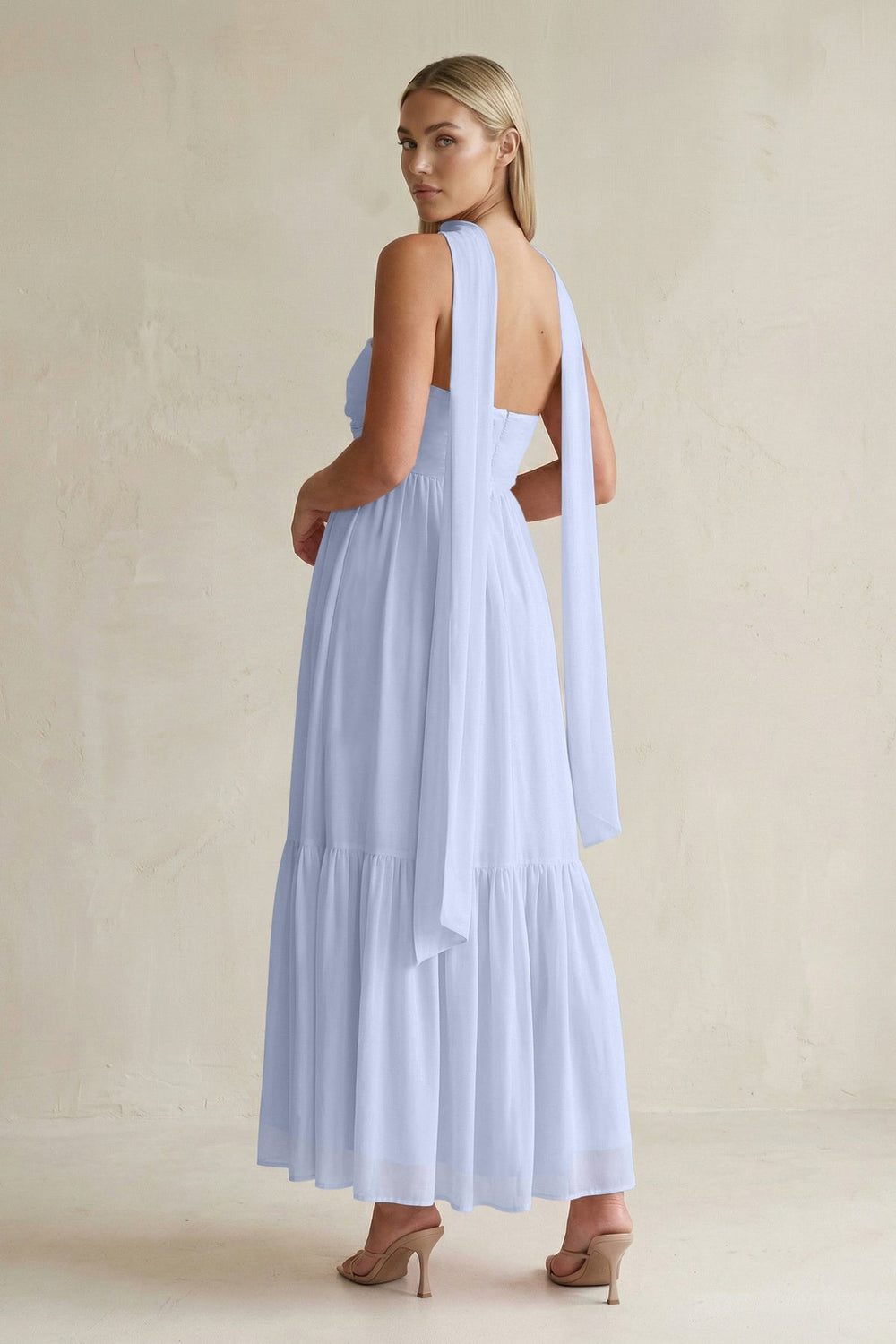 Strapless A - Line Chiffon Ruffled Bridesmaid Dress With Ribbon in Ice - KISS BRIDAL Bridesmaid Dresses