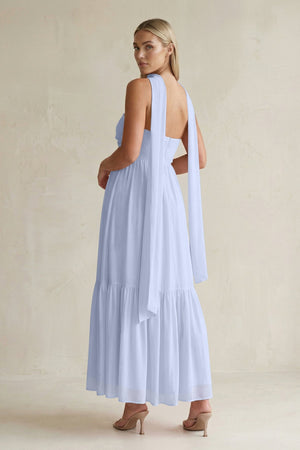Strapless A - Line Chiffon Ruffled Bridesmaid Dress With Ribbon in Ice - SHE IS ME Bridesmaid Dresses