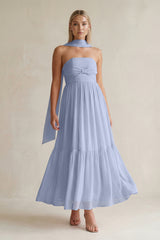 Strapless A-Line Chiffon Ruffled Bridesmaid Dress With Ribbon in Ice | KISSBRIDAL