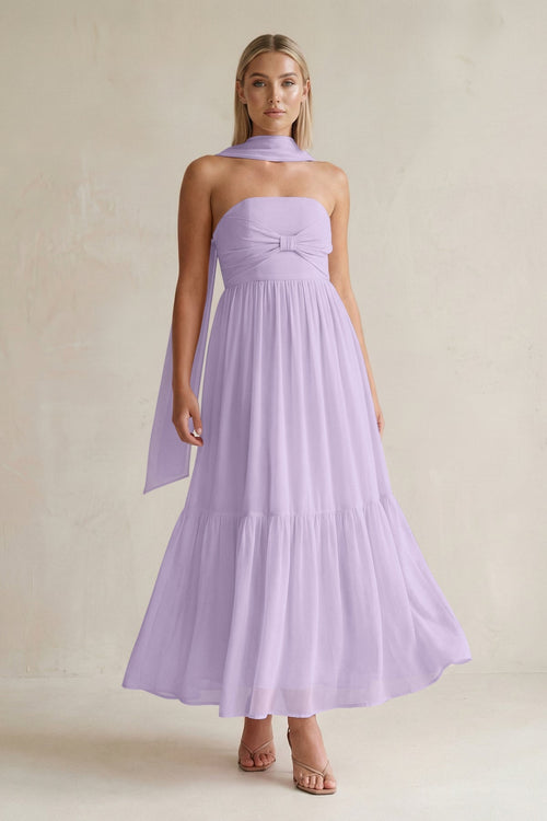 Strapless A - Line Chiffon Ruffled Bridesmaid Dress With Ribbon in Lavender - SHE IS ME Bridesmaid Dresses
