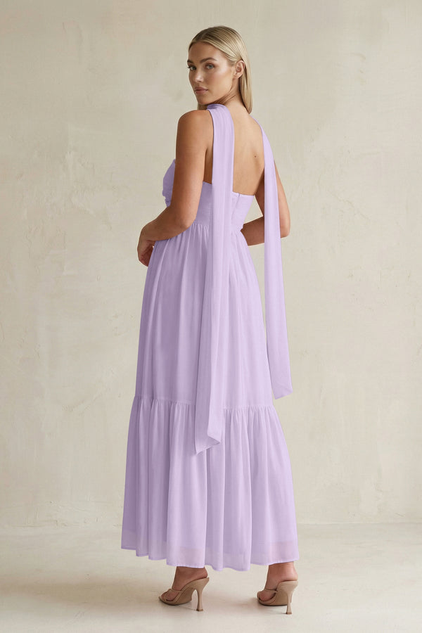 Strapless A - Line Chiffon Ruffled Bridesmaid Dress With Ribbon in Lavender - SHE IS ME Bridesmaid Dresses