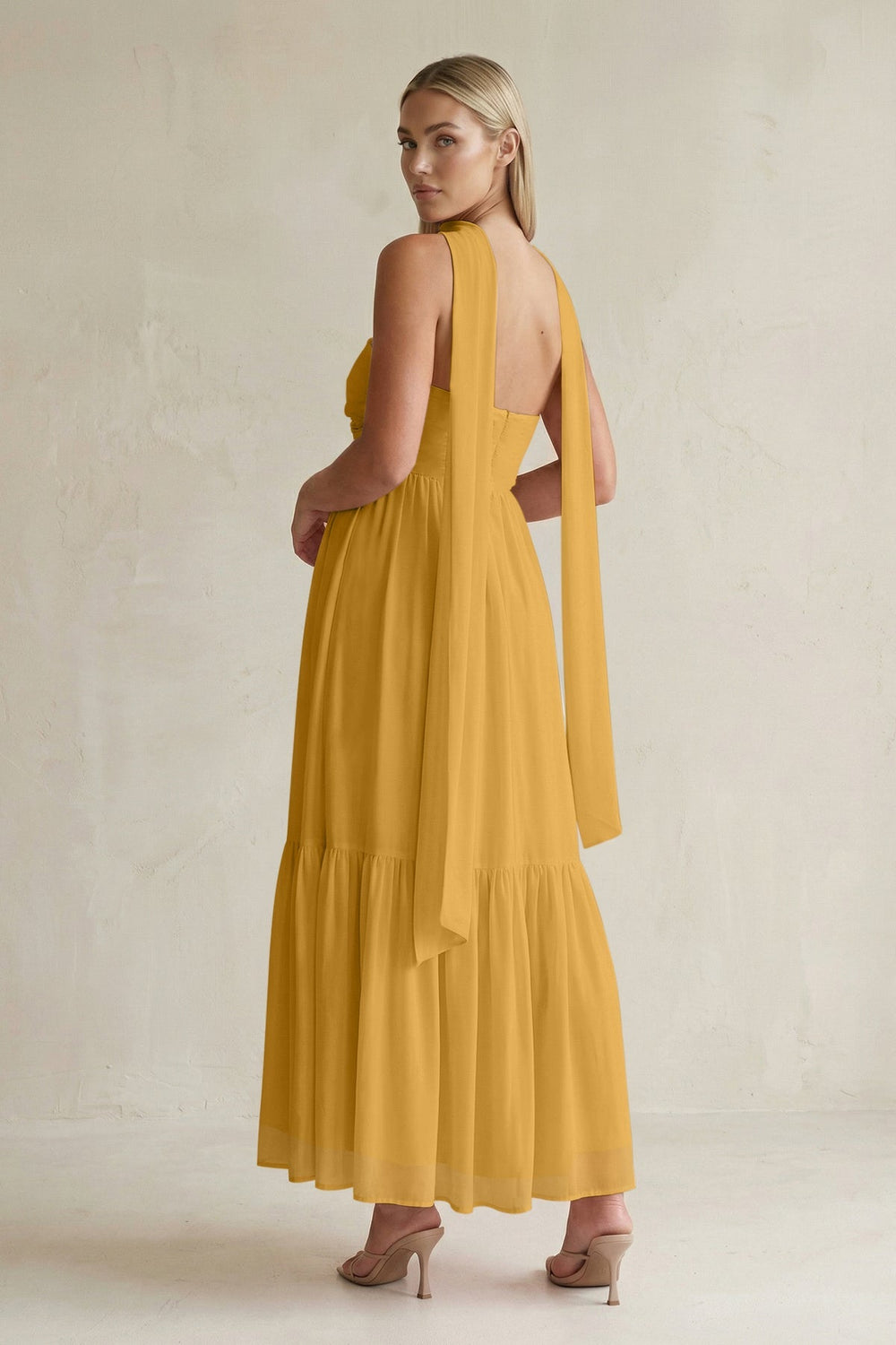 Strapless A - Line Chiffon Ruffled Bridesmaid Dress With Ribbon in Marigold - KISS BRIDAL Bridesmaid Dresses