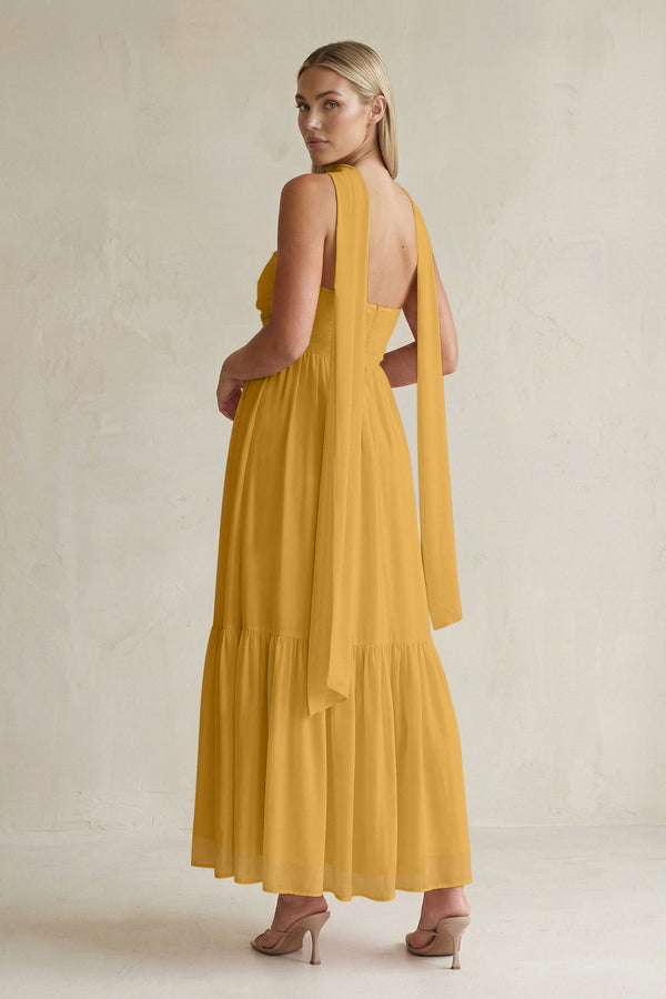 Strapless A - Line Chiffon Ruffled Bridesmaid Dress With Ribbon in Marigold - SHE IS ME Bridesmaid Dresses