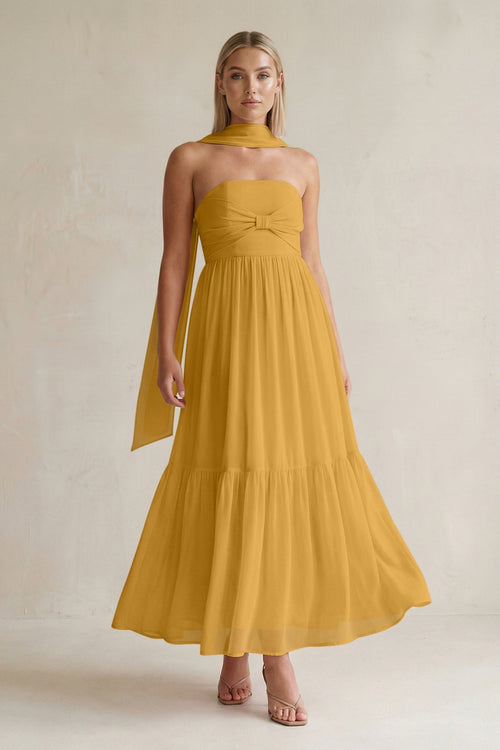 Strapless A - Line Chiffon Ruffled Bridesmaid Dress With Ribbon in Marigold - SHE IS ME Bridesmaid Dresses