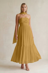 Strapless A-Line Chiffon Ruffled Bridesmaid Dress With Ribbon in Marigold | KISSBRIDAL