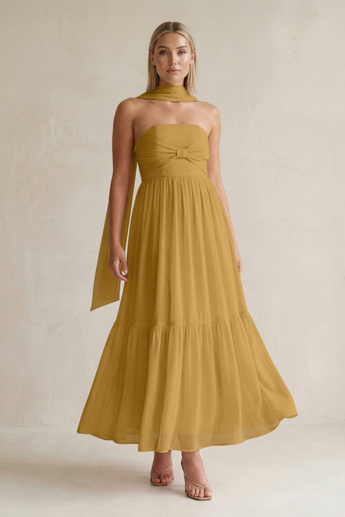 Strapless A-Line Chiffon Ruffled Bridesmaid Dress With Ribbon in Marigold | KISSBRIDAL