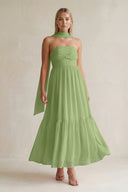 Strapless A - Line Chiffon Ruffled Bridesmaid Dress With Ribbon in Matcha - SHE IS ME Bridesmaid Dresses