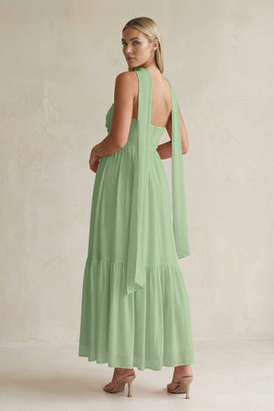 Strapless A-Line Chiffon Ruffled Bridesmaid Dress With Ribbon in Matcha (2) | KISSBRIDAL