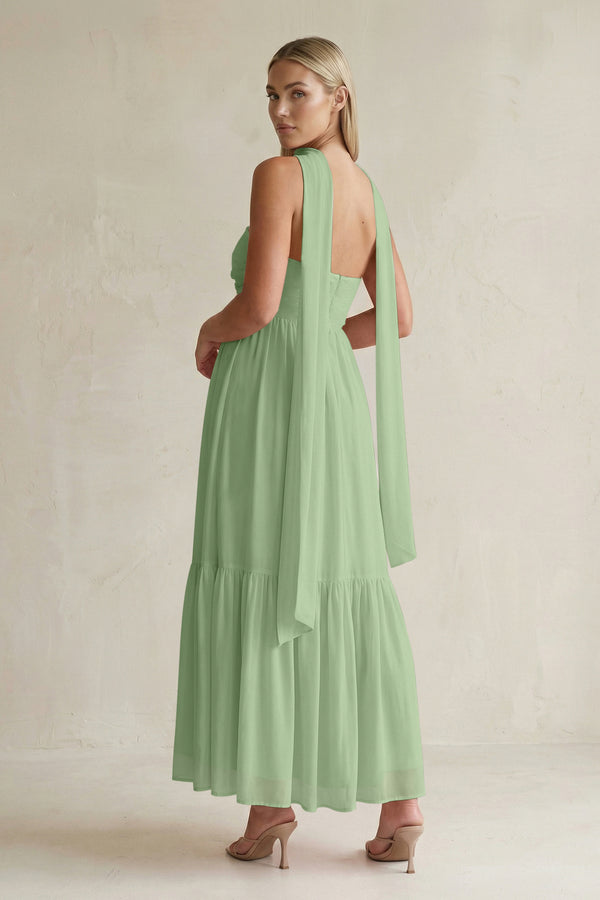 Strapless A-Line Chiffon Ruffled Bridesmaid Dress With Ribbon in Matcha (2) | KISSBRIDAL