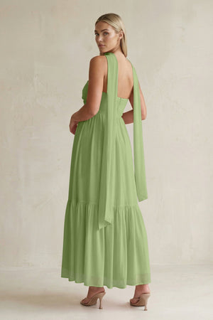 Strapless A - Line Chiffon Ruffled Bridesmaid Dress With Ribbon in Matcha - SHE IS ME Bridesmaid Dresses