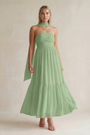 Strapless A-Line Chiffon Ruffled Bridesmaid Dress With Ribbon in Matcha | KISSBRIDAL