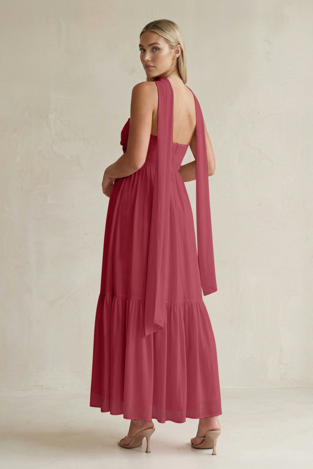 Strapless A-Line Chiffon Ruffled Bridesmaid Dress With Ribbon in Merlot
