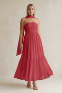 Strapless A - Line Chiffon Ruffled Bridesmaid Dress With Ribbon in Merlot - SHE IS ME Bridesmaid Dresses