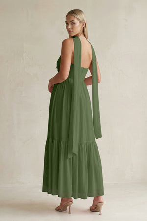 Strapless A-Line Chiffon Ruffled Bridesmaid Dress With Ribbon in Moss (2) | KISSBRIDAL