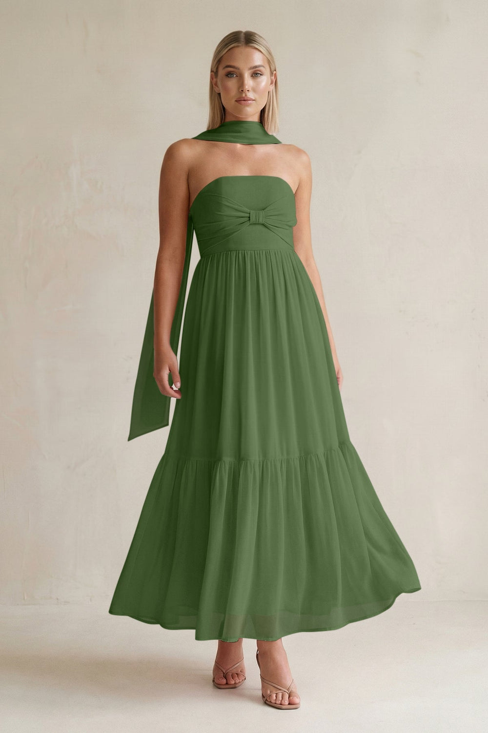 Strapless A - Line Chiffon Ruffled Bridesmaid Dress With Ribbon in Moss - KISS BRIDAL Bridesmaid Dresses