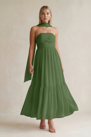 Strapless A - Line Chiffon Ruffled Bridesmaid Dress With Ribbon in Moss - SHE IS ME Bridesmaid Dresses