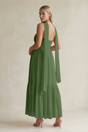 Strapless A - Line Chiffon Ruffled Bridesmaid Dress With Ribbon in Moss - SHE IS ME Bridesmaid Dresses