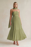 Strapless A - Line Chiffon Ruffled Bridesmaid Dress With Ribbon in Moss Green - SHE IS ME Bridesmaid Dresses