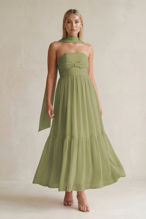 Strapless A - Line Chiffon Ruffled Bridesmaid Dress With Ribbon in Moss Green - SHE IS ME Bridesmaid Dresses