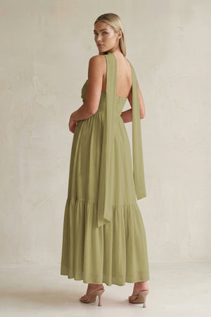 Strapless A-Line Chiffon Ruffled Bridesmaid Dress With Ribbon in Moss Green (2) | KISSBRIDAL