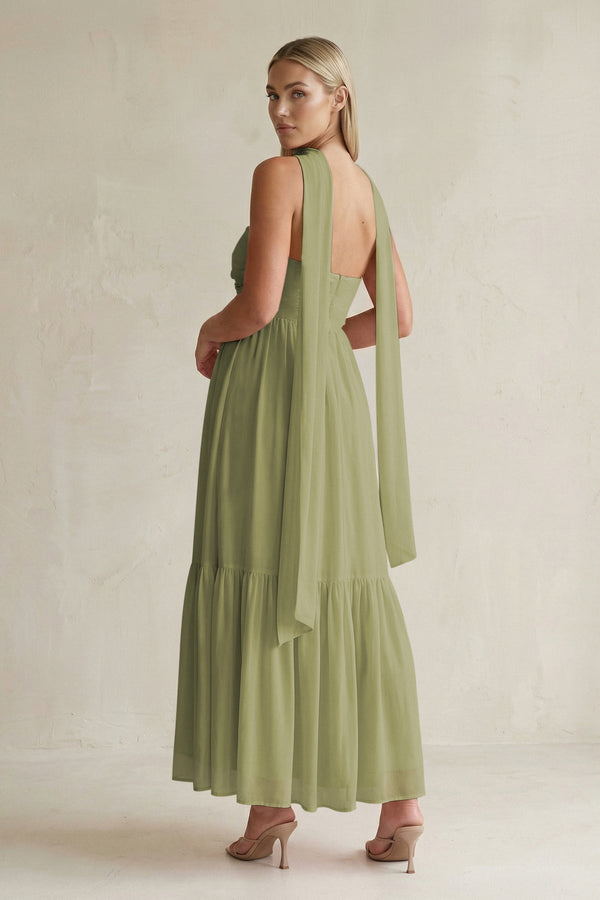 Strapless A - Line Chiffon Ruffled Bridesmaid Dress With Ribbon in Moss Green - SHE IS ME Bridesmaid Dresses