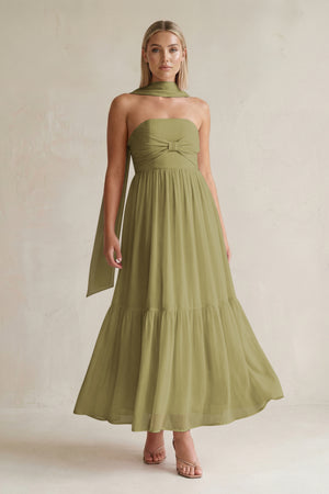 Strapless A-Line Chiffon Ruffled Bridesmaid Dress With Ribbon in Moss Green | KISSBRIDAL