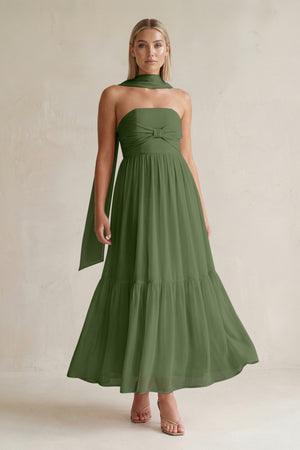 Strapless A-Line Chiffon Ruffled Bridesmaid Dress With Ribbon in Moss | KISSBRIDAL