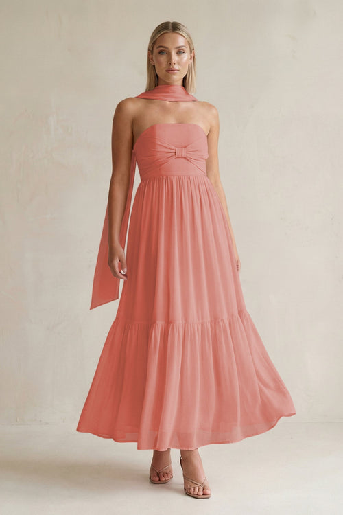 Strapless A - Line Chiffon Ruffled Bridesmaid Dress With Ribbon in Mulberry - SHE IS ME Bridesmaid Dresses
