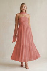 Strapless A-Line Chiffon Ruffled Bridesmaid Dress With Ribbon in Mulberry | KISSBRIDAL