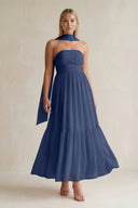 Strapless A - Line Chiffon Ruffled Bridesmaid Dress With Ribbon in Navy - SHE IS ME Bridesmaid Dresses